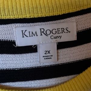Blue and white stripes with yellow accents and bell sleeves. Kim rogers 2x